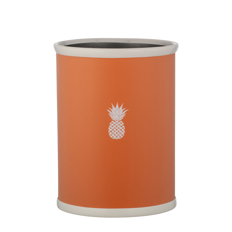 Spice Orange | Leatherette-wrapped 13qt oval wastebasket with a white pineapple decal in the center.