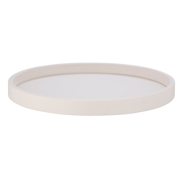 White | Round serving tray with a matching white rim laying down flat on a white backdrop.
