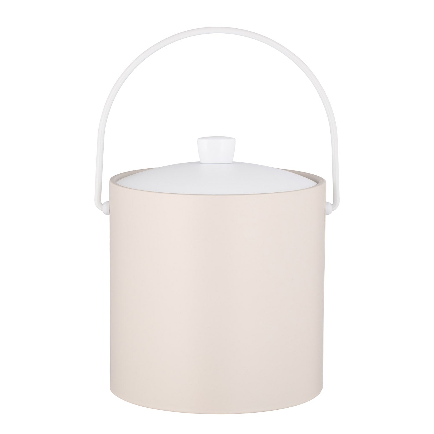 White | Sleek ice bucket with cover on and bale handle upright.