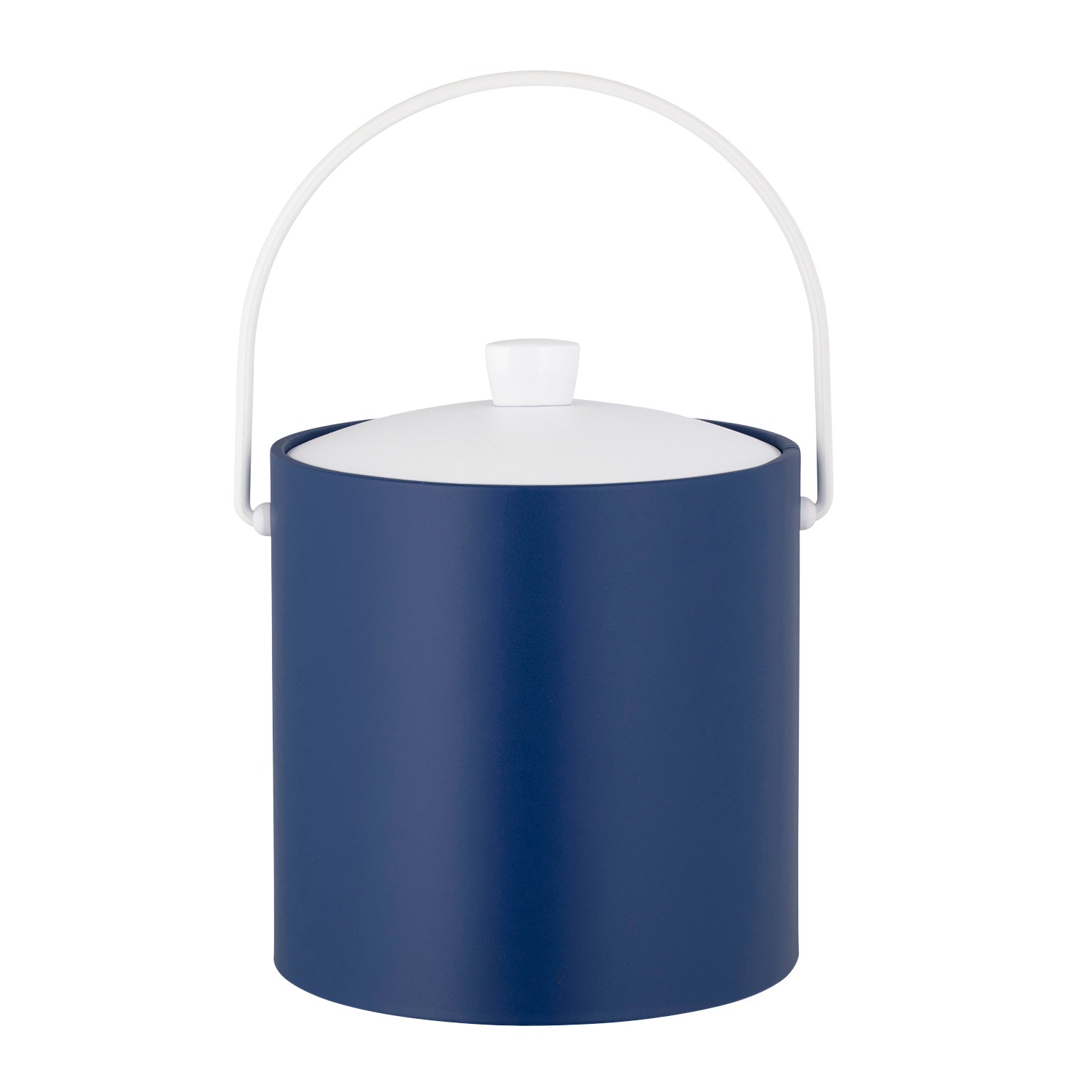 Royal Blue | Smooth cylindrical ice bucket with lid on and bale handle up shown on a white background.