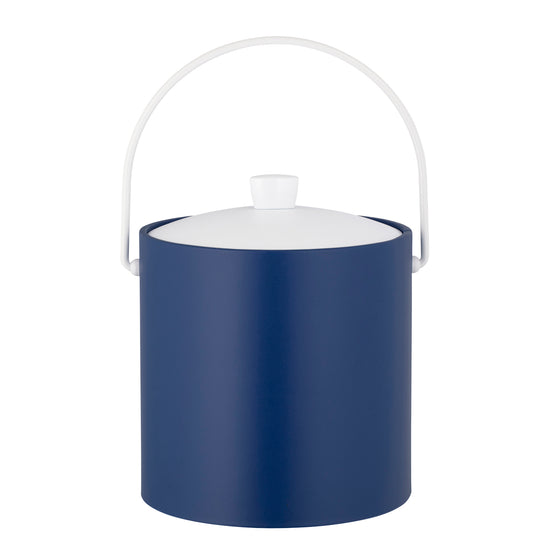Royal Blue | Smooth cylindrical ice bucket with lid on and bale handle up shown on a white background.