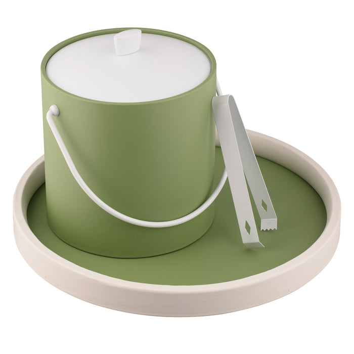 White | Metal ice tong placed on a green serving tray with a green ice bucket.