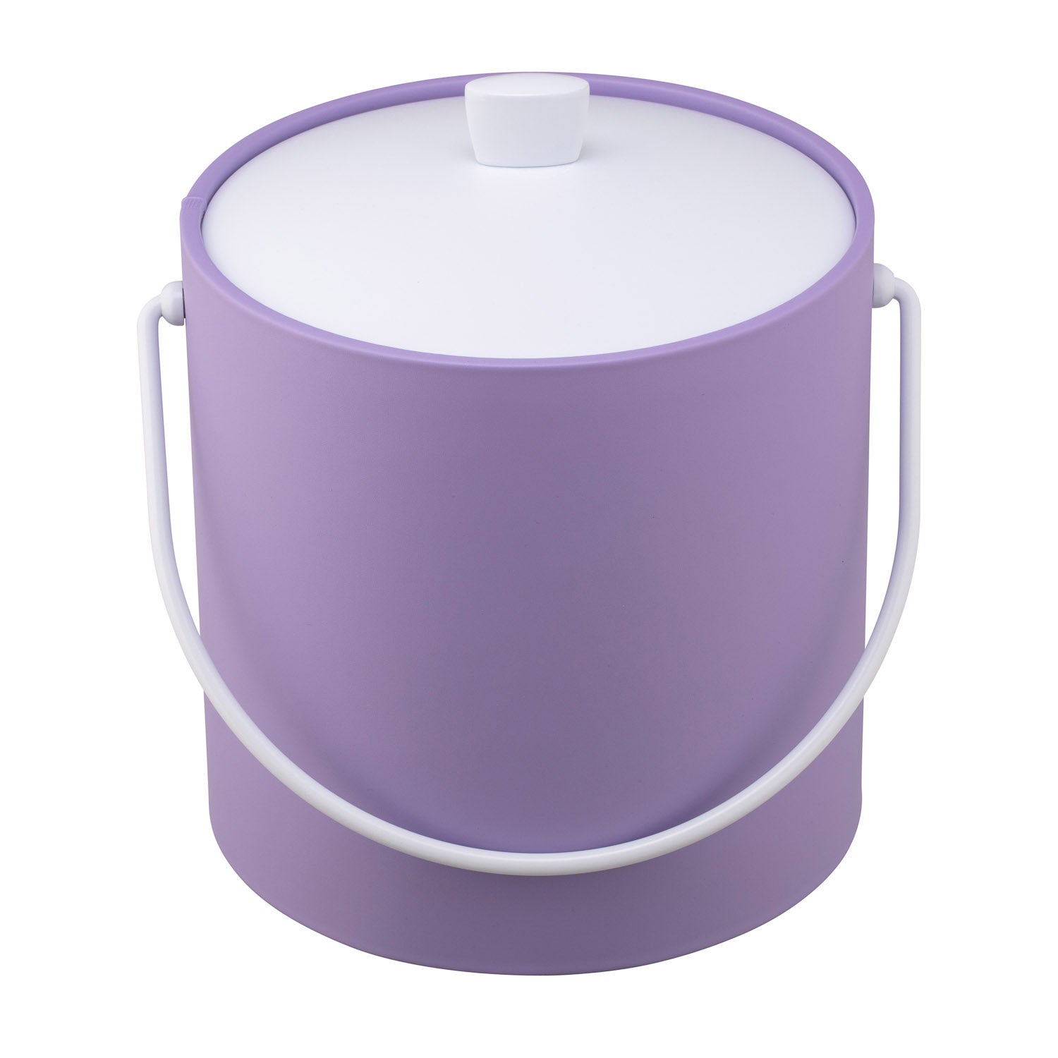 Lavender | Round 3-quart ice bucket top view showing acrylic cover and white bale handle. 