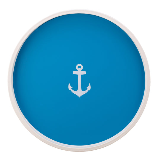 Process Blue | Round serving tray with a white anchor decal centered, shown on a white background.