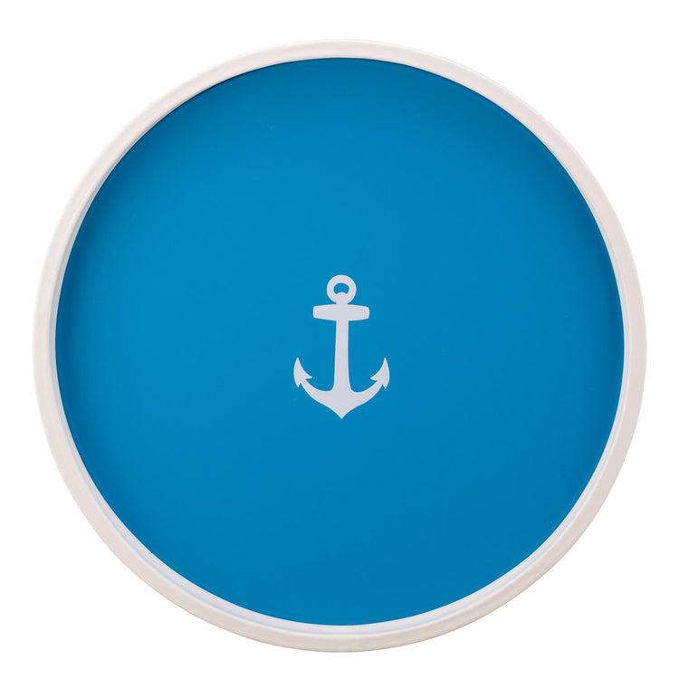 Process Blue | Round serving tray with a white anchor decal centered, shown on a white background.