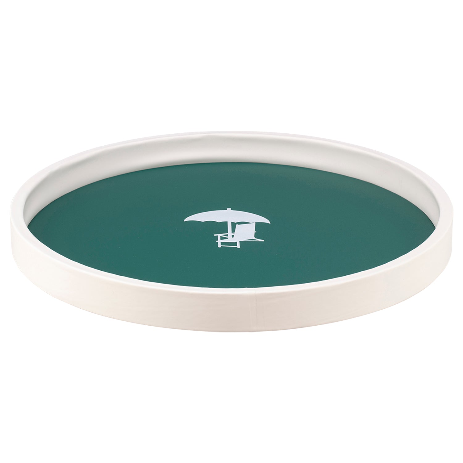 Tropic Green | Round tray with a casual beach chair decal, positioned on a white surface.