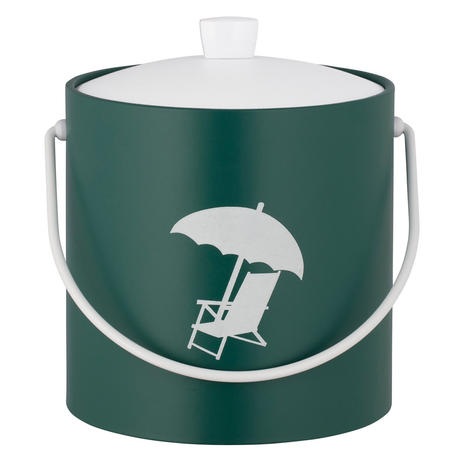 Tropic Green | 3QT ice bucket showcasing a centered white beach chair decal, photographed on a white background. 