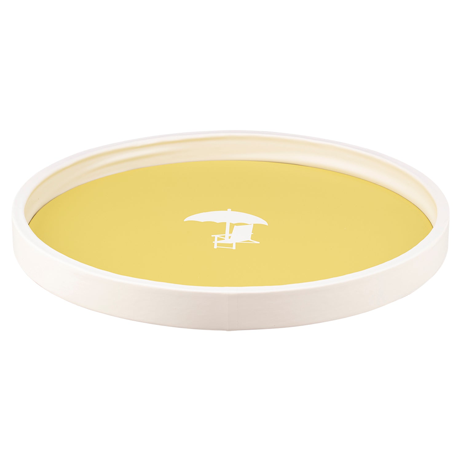 Lemon | Round 14" tray featuring a beach chair design in the center, displayed against a plain white background.