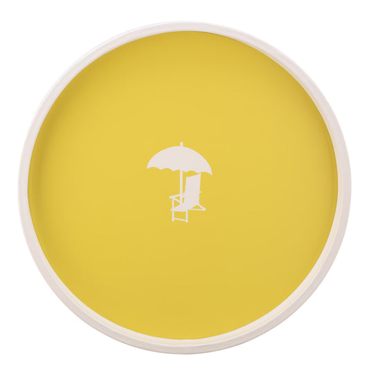 Lemon | Round 14" serving tray with a white beach chair decal, shown on a white background.