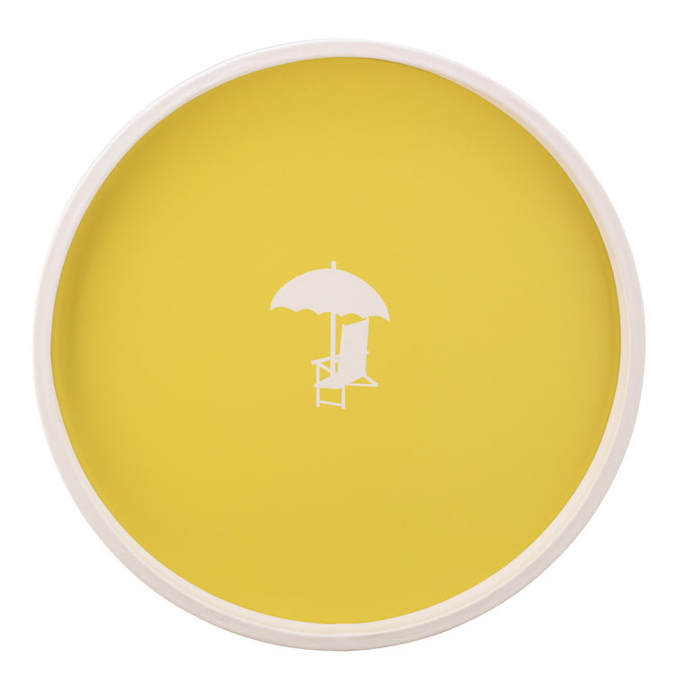 Lemon | Round 14" serving tray with a white beach chair decal, shown on a white background.