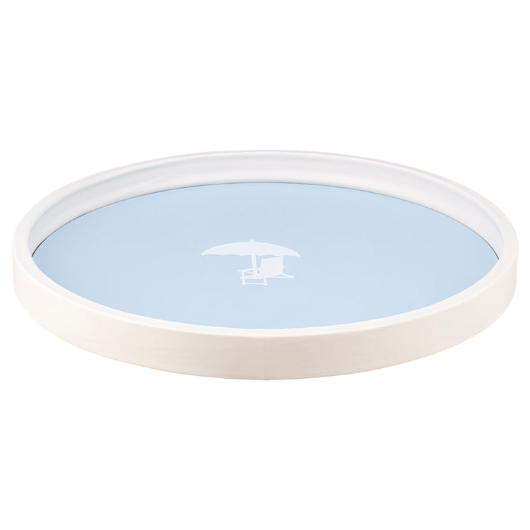 Light Blue | Round tray with a coastal-themed beach chair decal, photographed on a clean white background.