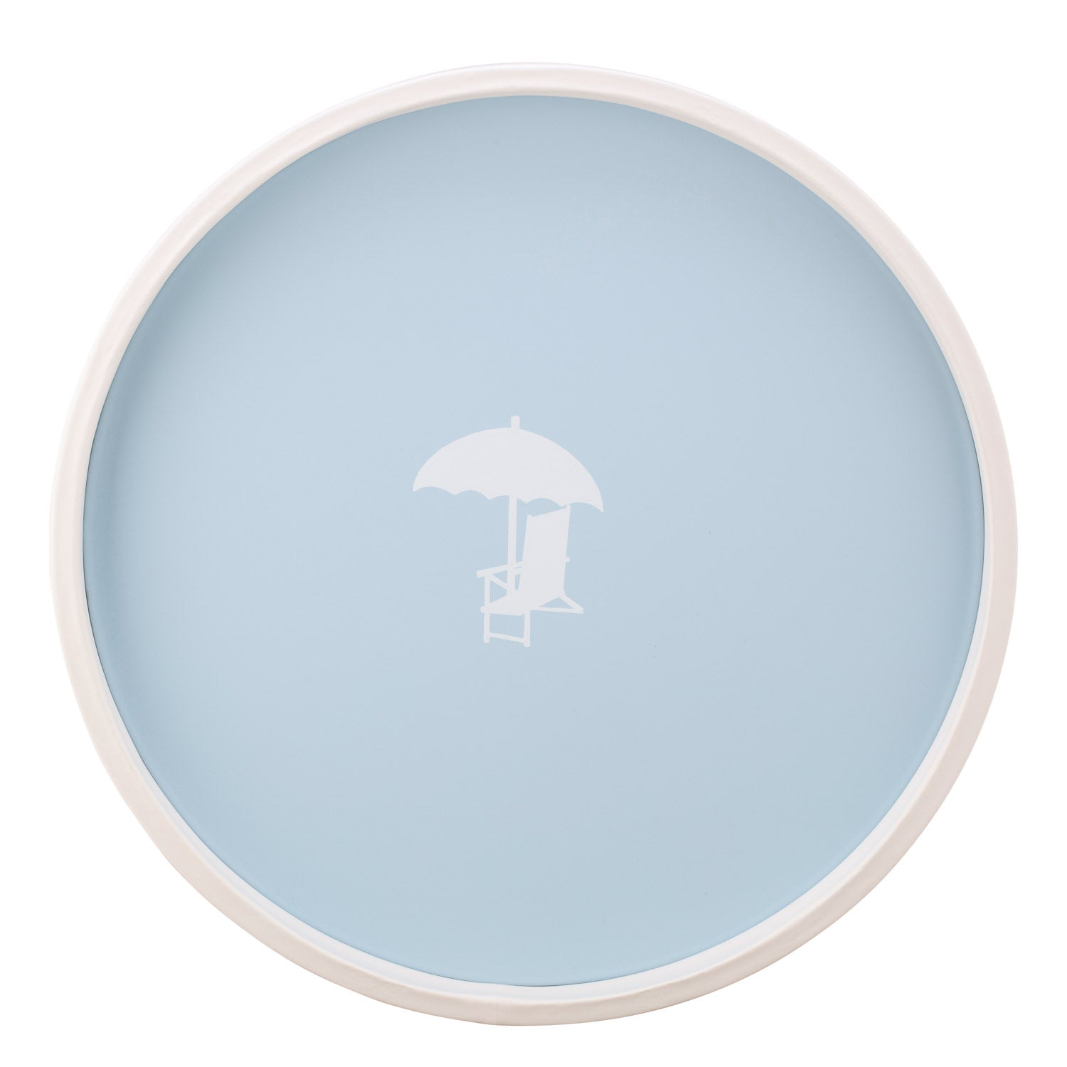 Light Blue | Circular serving tray with a beach chair decal, placed on a white surface.