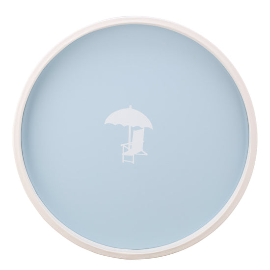 Light Blue | Circular serving tray with a beach chair decal, placed on a white surface.