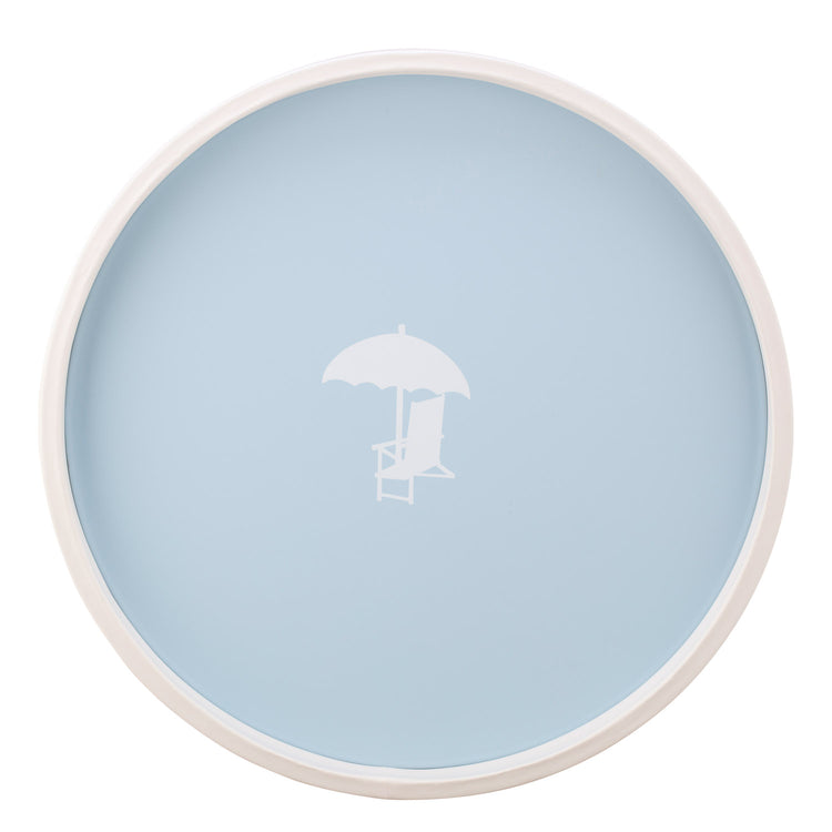 Light Blue | Circular serving tray with a beach chair decal, placed on a white surface.