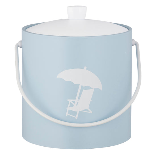Light Blue | Nautical-style ice bucket with white beach chair design in the center, shown on a white background.