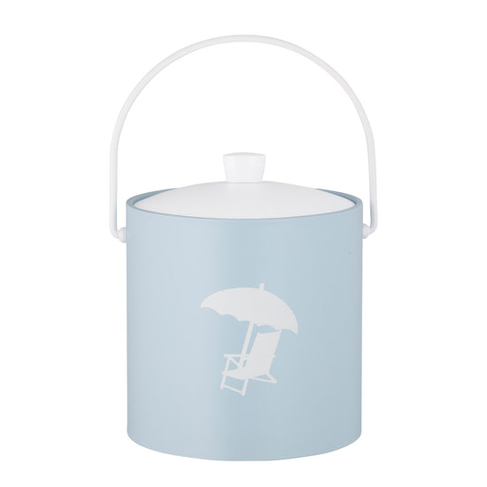 Light Blue | 3-quart ice bucket decorated with a subtle white beach chair graphic, photographed on a white surface.