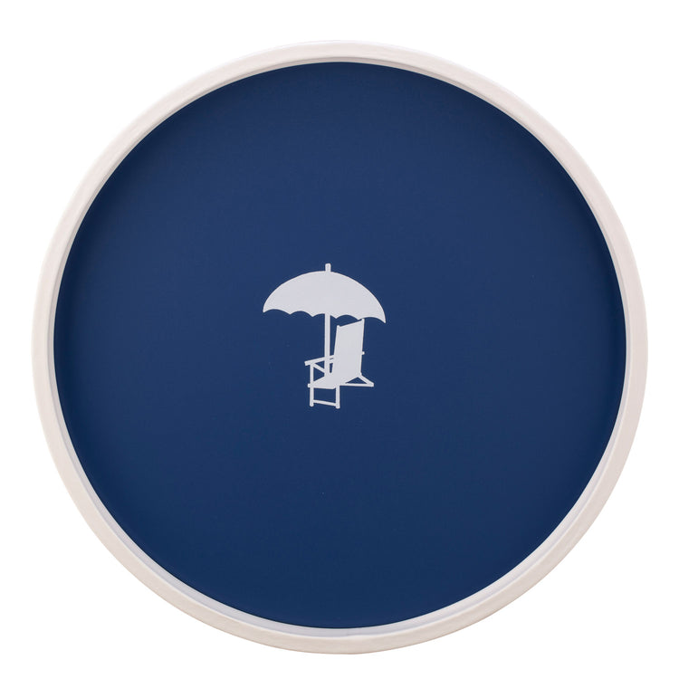 Royal Blue | Serving tray with a summer beach chair illustration, set on a white background.