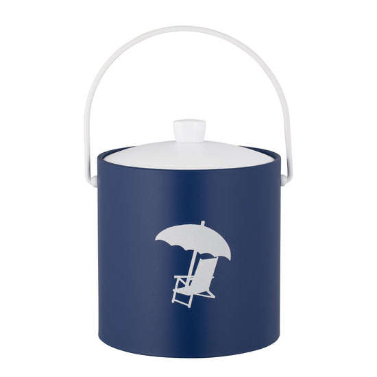 Royal Blue | Minimalist 3QT ice bucket featuring a white beach chair silhouette, placed on a white backdrop.