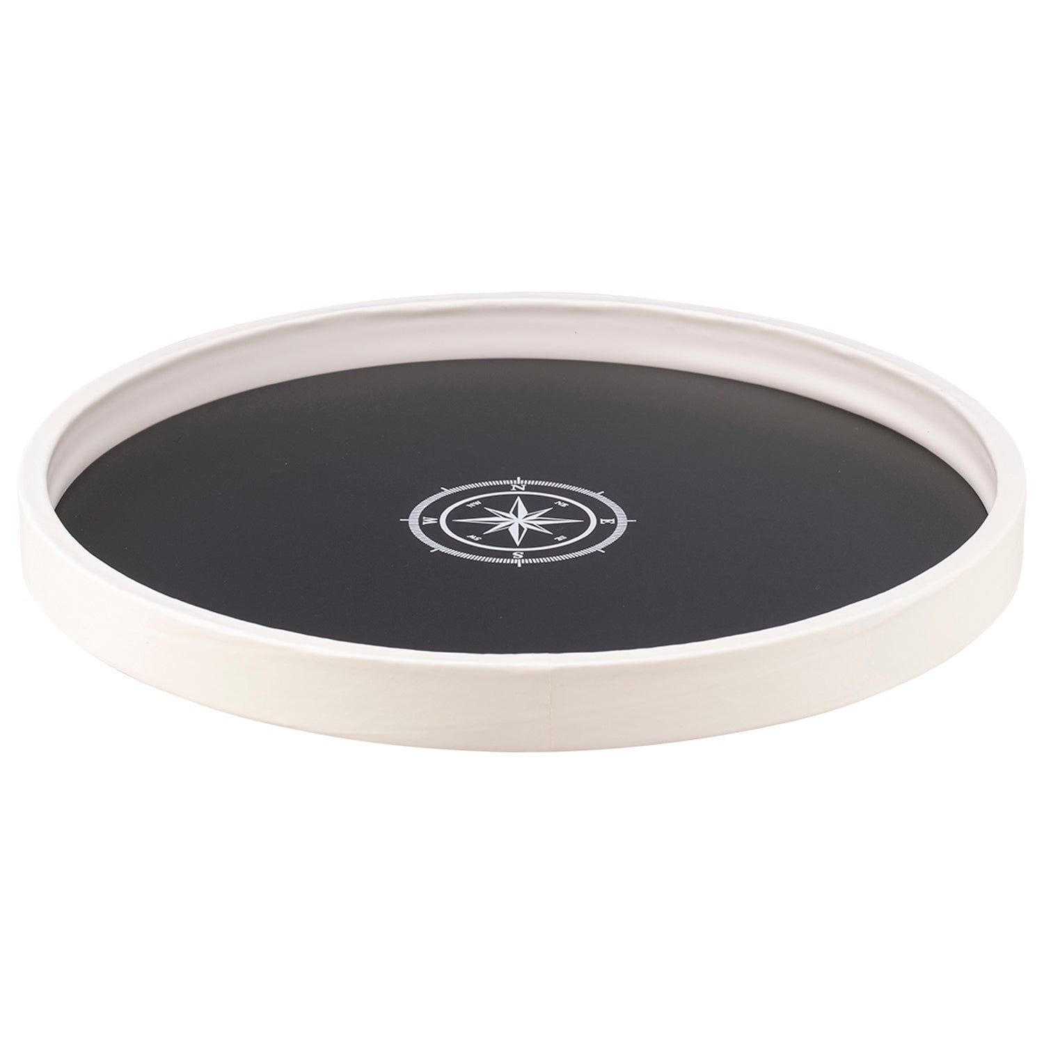 Black | Circular tray featuring a compass design, shown against a clean white backdrop.