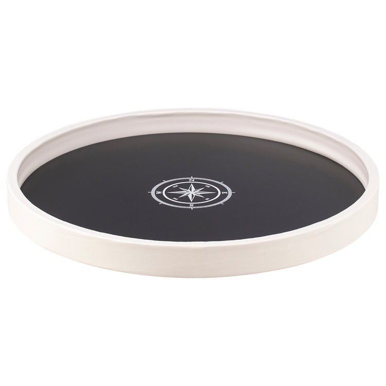 Black | Circular tray featuring a compass design, shown against a clean white backdrop.