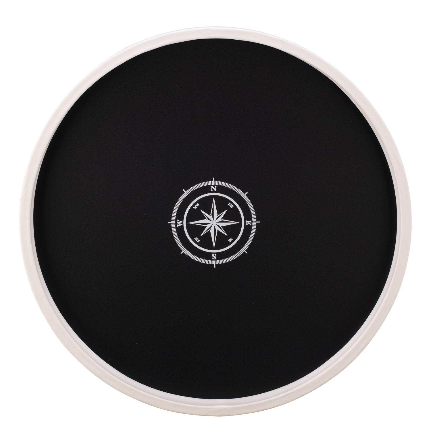 Black | Round serving tray with a white compass point decal in the center, displayed on a plain white background.