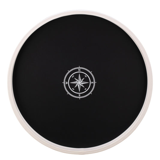 Black | Round serving tray with a white compass point decal in the center, displayed on a plain white background.