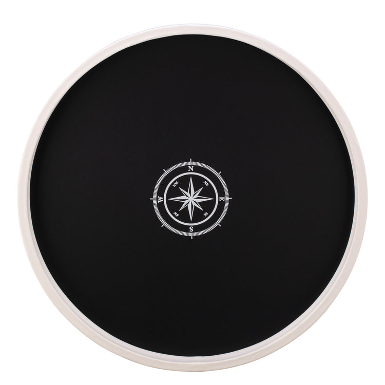 Black | Round serving tray with a white compass point decal in the center, displayed on a plain white background.