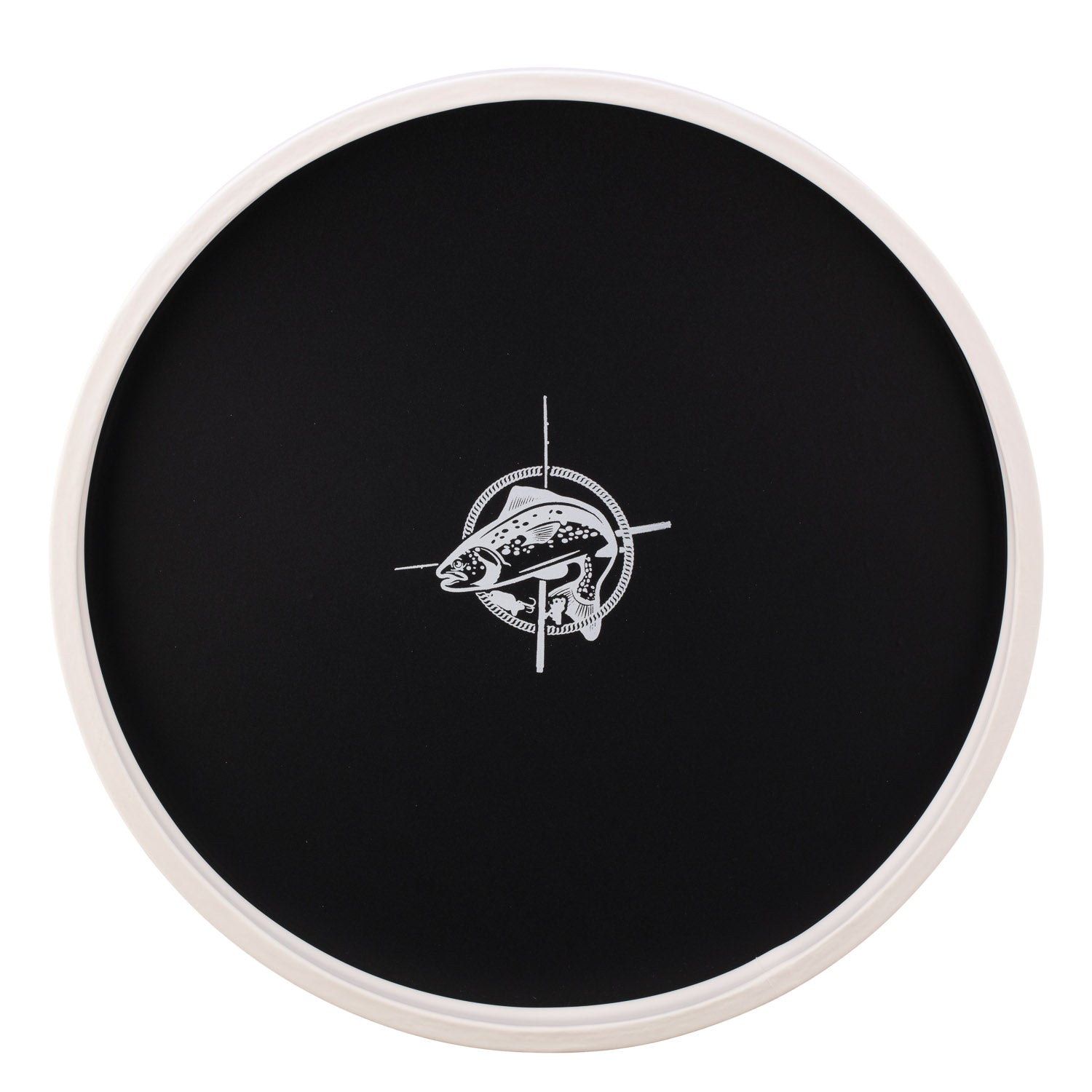 Black | Round serving tray with a white fish decal centered, displayed on a plain white background.