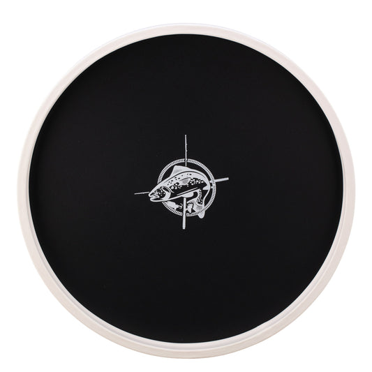 Black | Round serving tray with a white fish decal centered, displayed on a plain white background.