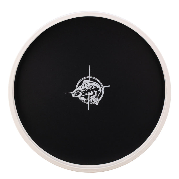 Black | Round serving tray with a white fish decal centered, displayed on a plain white background.