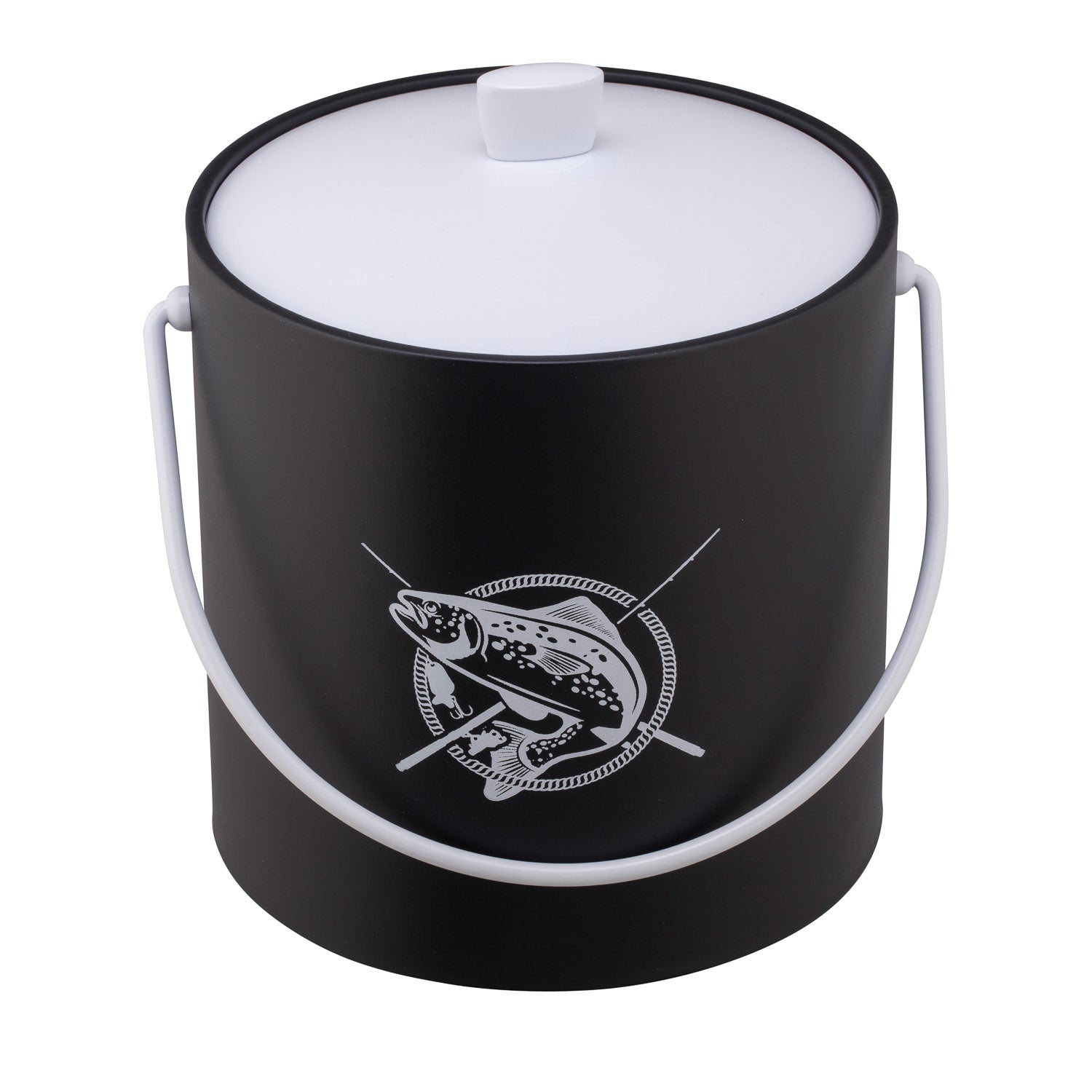 Black | Ice bucket with a centered white fish graphic, placed on a white surface.