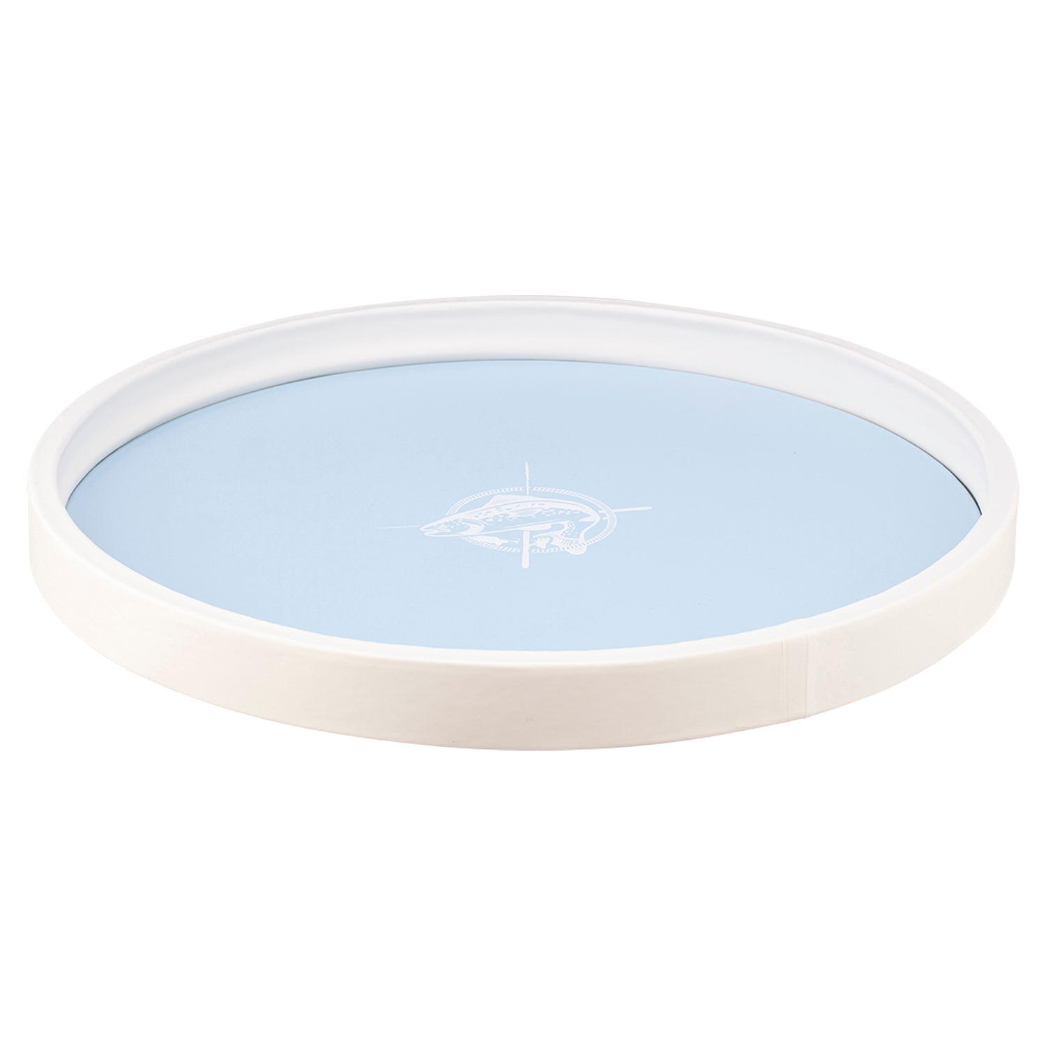 Light Blue | Round tray decorated with a white fish decal, photographed on a white background.