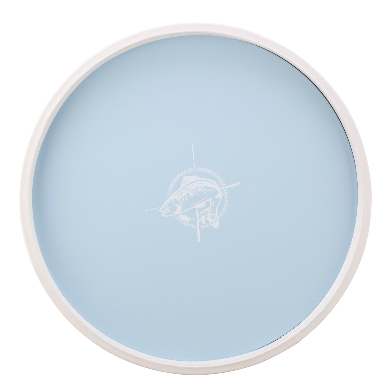 Light Blue | Serving tray with a white fish graphic in the middle, placed on a white surface.