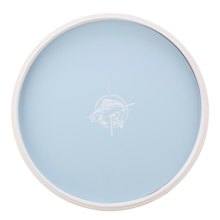Light Blue | Serving tray with a white fish graphic in the middle, placed on a white surface.