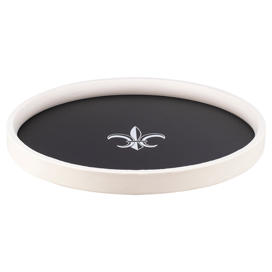 Black | Circular try featuring elegant white fleur-de-lis design, shown against a clean white backdrop.