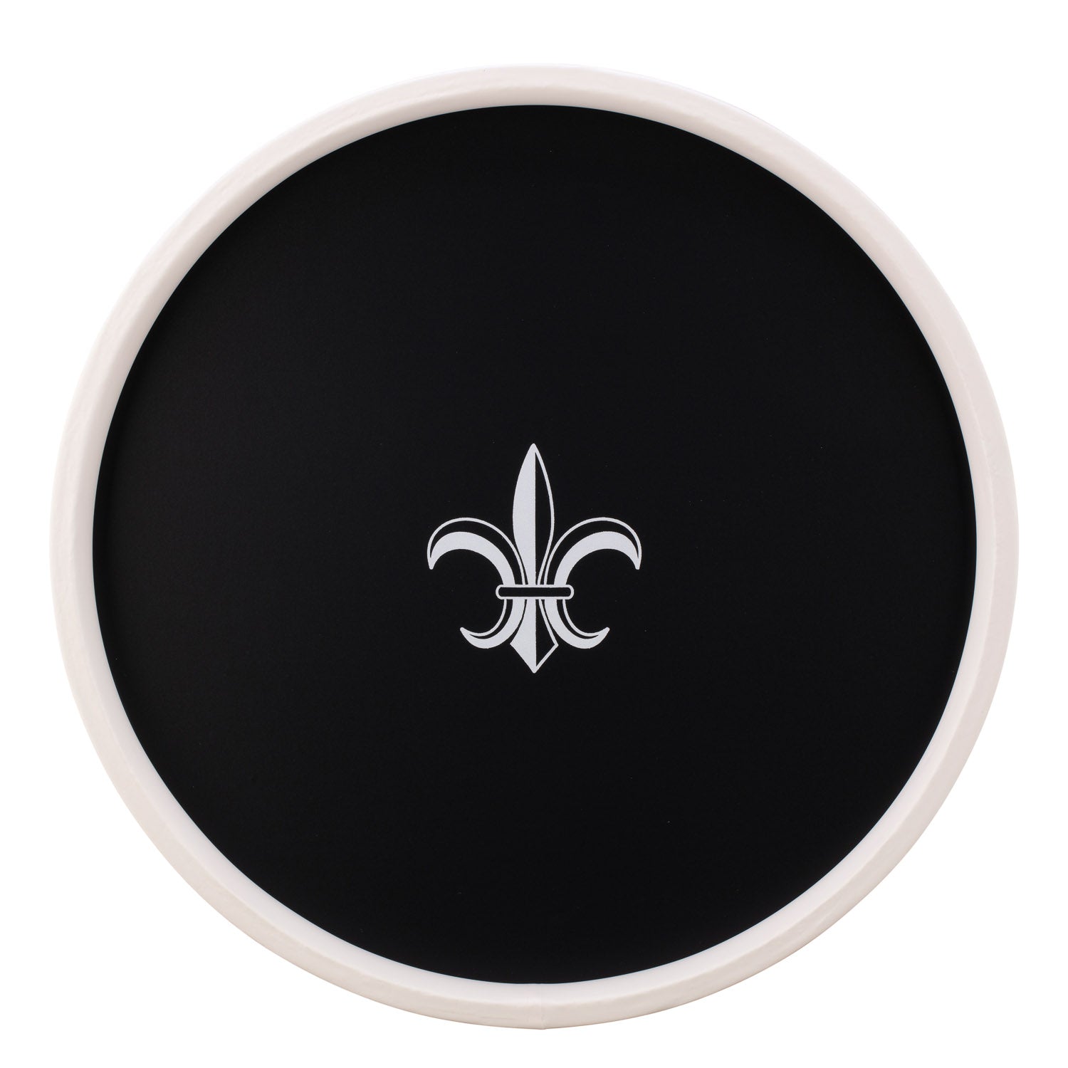 Black | Round serving tray with a white fleur-de-lis decal in the center, displayed on a plain white background.