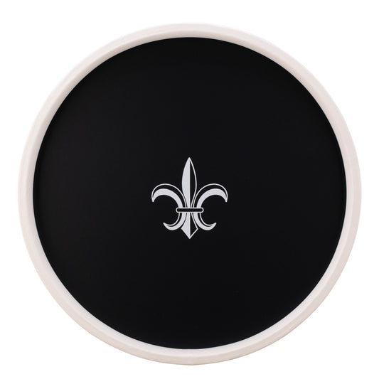 Black | Round serving tray with a white fleur-de-lis decal in the center, displayed on a plain white background.