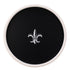 Black | Round serving tray with a white fleur-de-lis decal in the center, displayed on a plain white background.