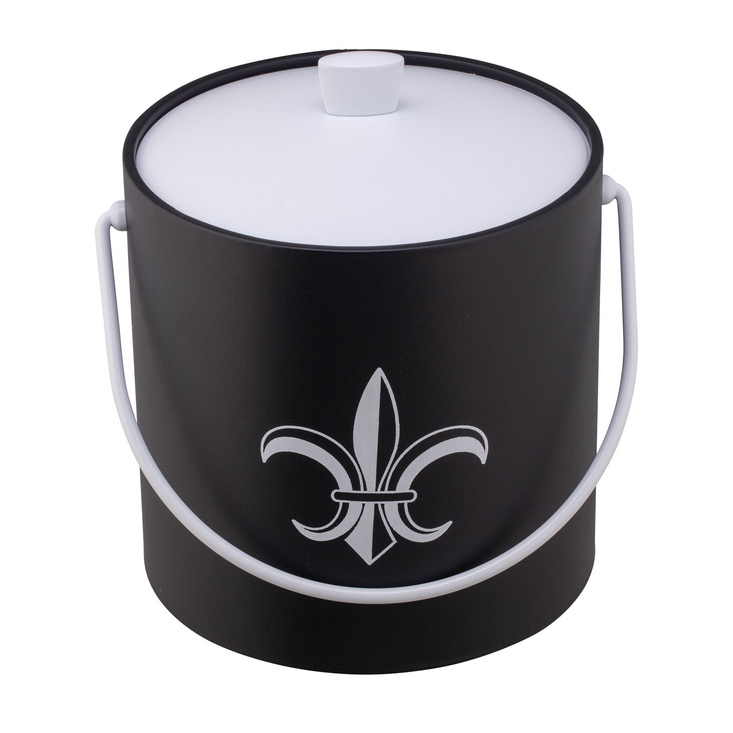 Black | Ice bucket with a classic white Fleur-De-Lis graphic in the center, placed on a white surface.