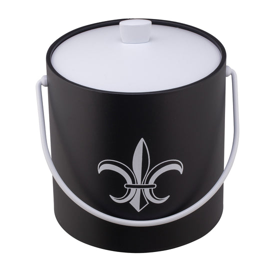 Black | Ice bucket with a classic white Fleur-De-Lis graphic in the center, placed on a white surface.