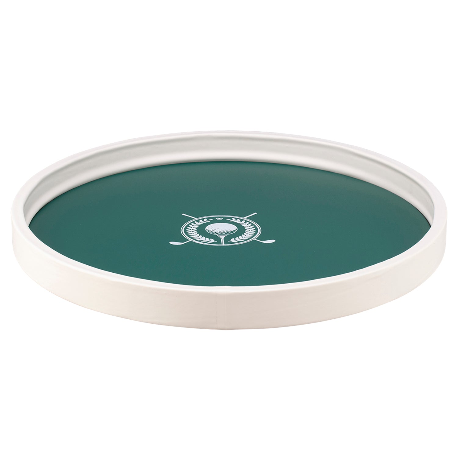 Tropic Green | Circular tray featuring a golf-themed design with crossed clubs and a ball, shown against a white backdrop.