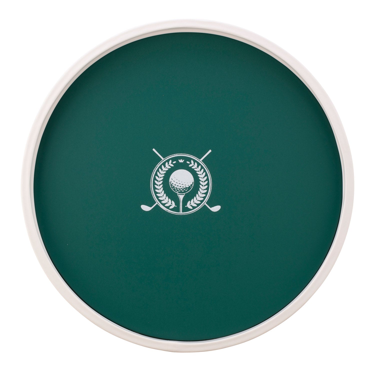 Tropic Green | Round serving tray 14" with golf clubs and ball decal centered, displayed on a plain white background.