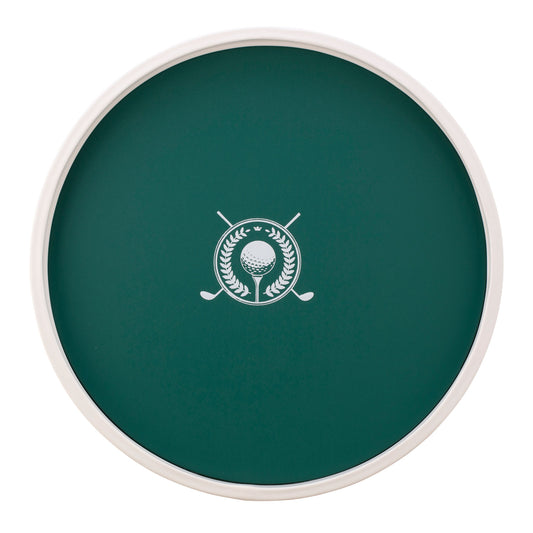 Tropic Green | Round serving tray 14" with golf clubs and ball decal centered, displayed on a plain white background.
