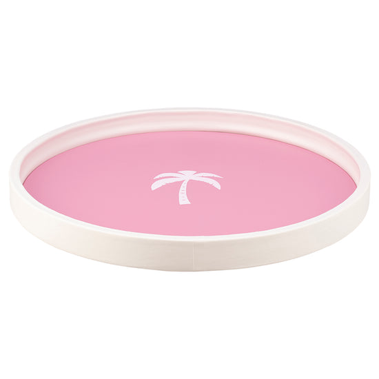 Pink | Serving tray decorated with a beach-themed palm tree decal, photographed on a white background.