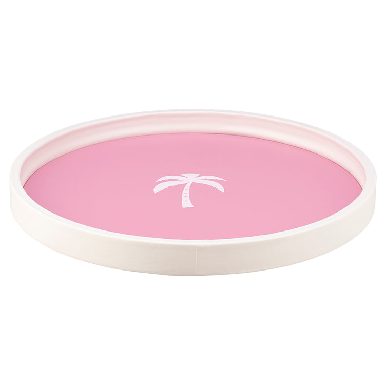 Pink | Serving tray decorated with a beach-themed palm tree decal, photographed on a white background.