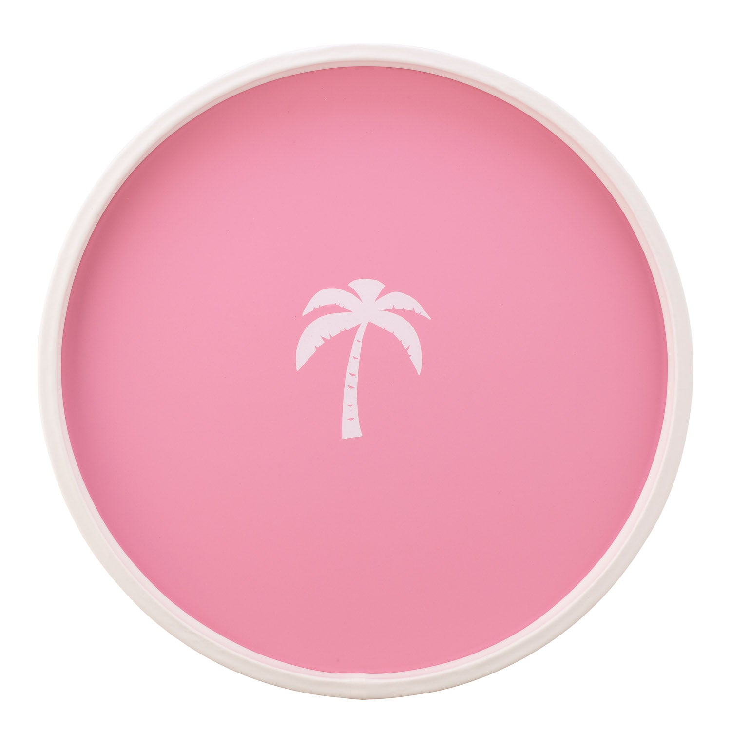 Pink | White round serving tray with a single palm tree graphic, placed on a white surface.