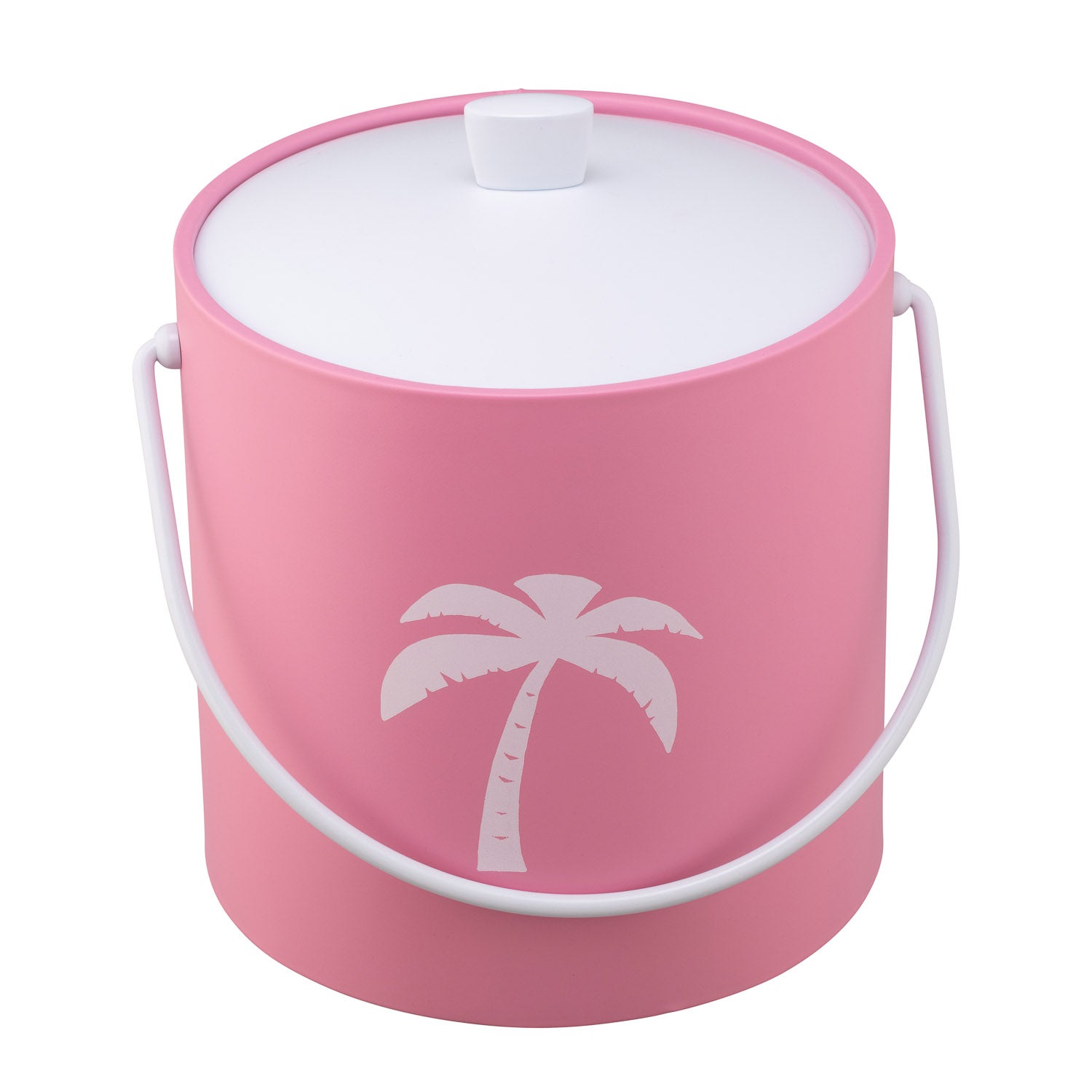 Pink | Minimalist 3-quart ice bucket with white palm tree illustration, set against a white background.