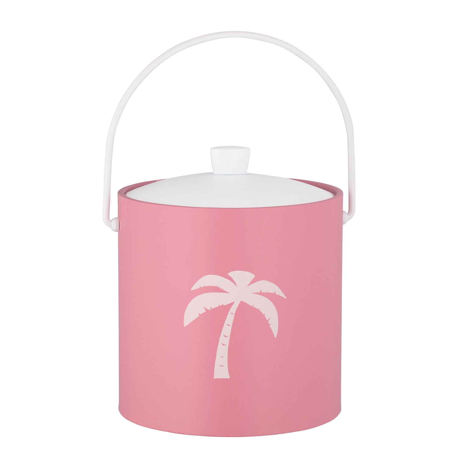 Pink | Round ice bucket with a tropical-style palm tree design, displayed on a white backdrop.
