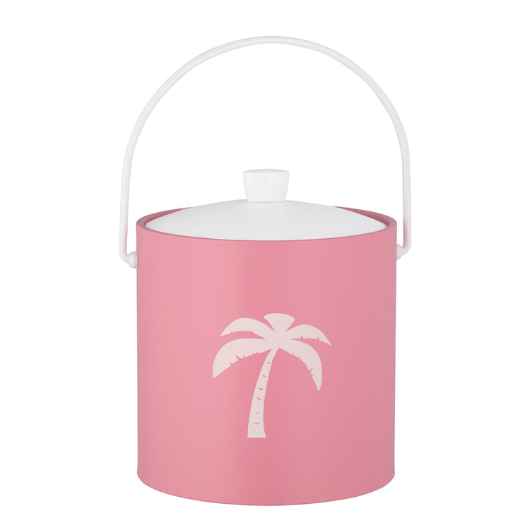Pink | Round ice bucket with a tropical-style palm tree design, displayed on a white backdrop.