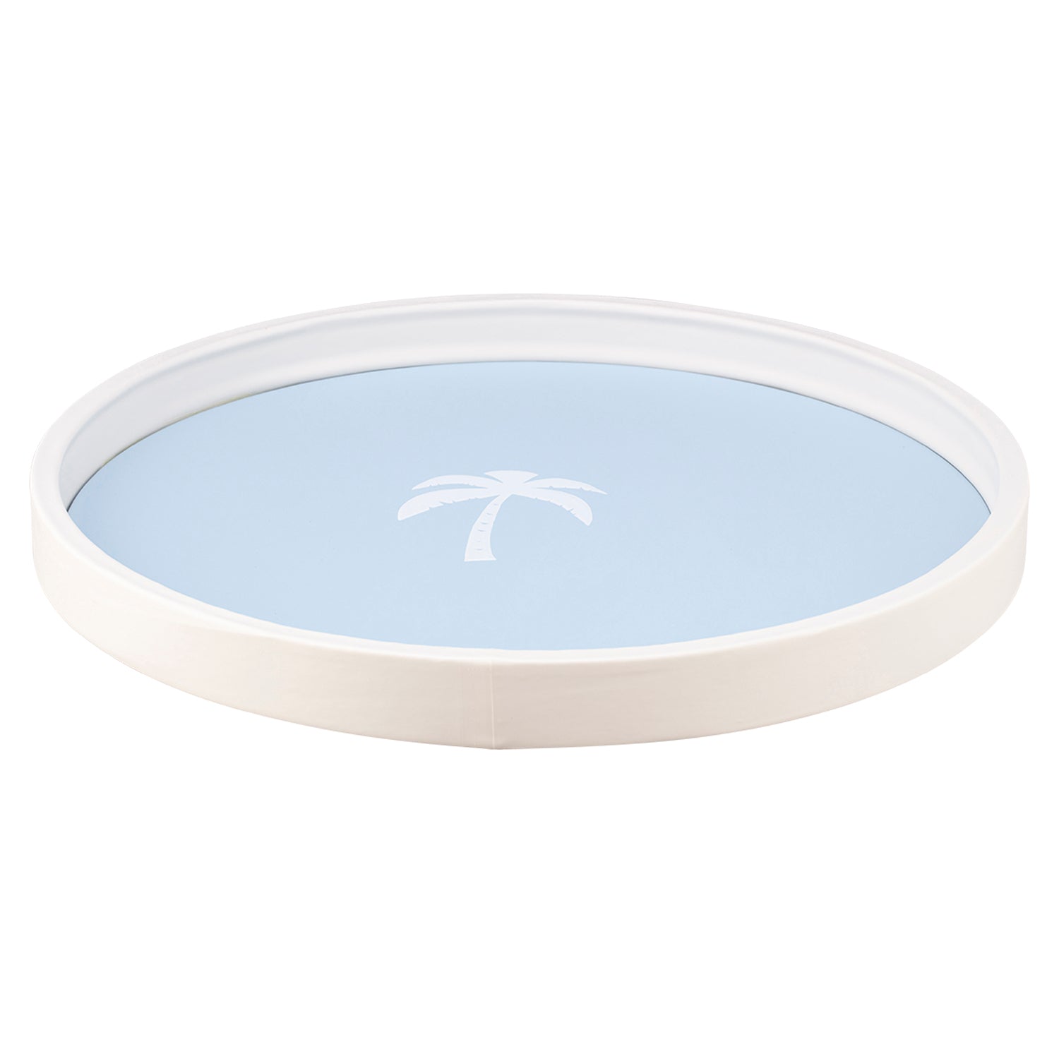 Light Blue | Circular tray featuring a tropical palm tree design, shown against a clean white backdrop.